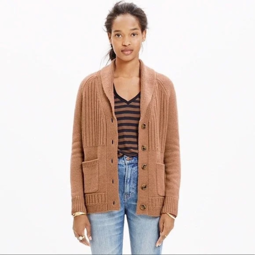 Madewell XS Natural Light Brown Merino Wool Shawl Collar Ribbed Cardigan